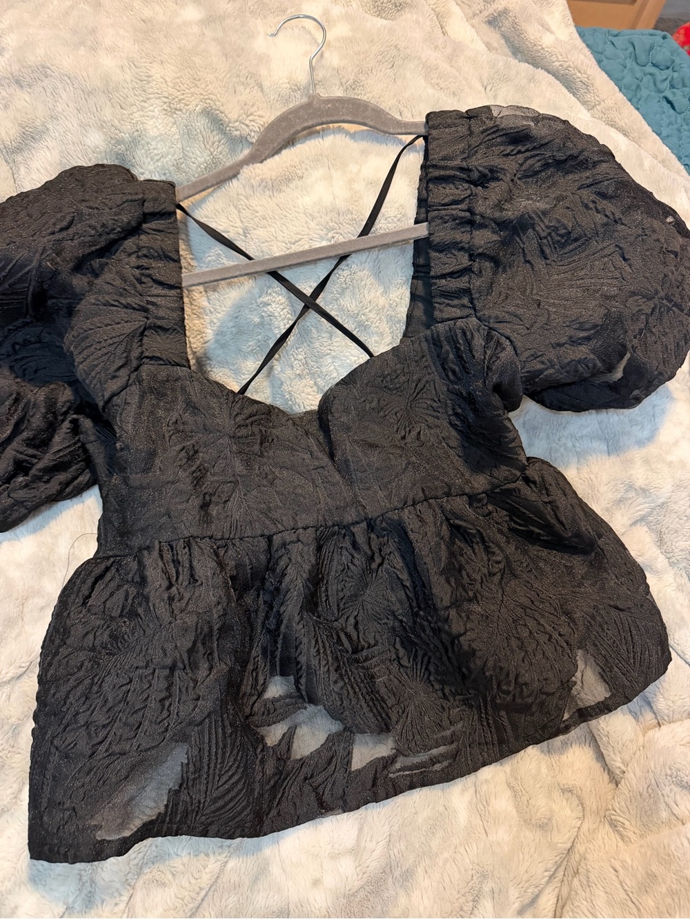 Topshop Tulle Open Back Babydoll Puff Sleeve Blouse